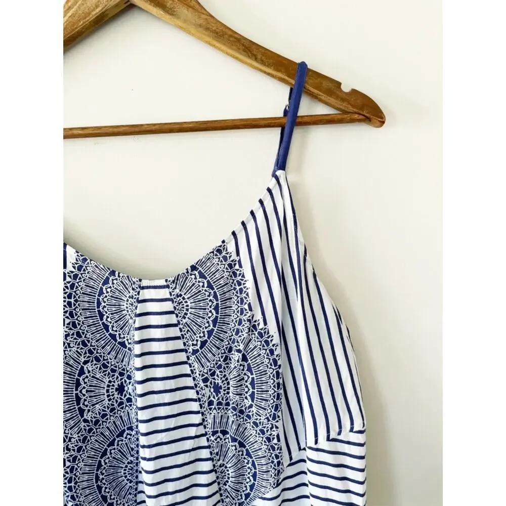 CAbi Navy and White Striped Cami with Floral Hem Size Medium EUC